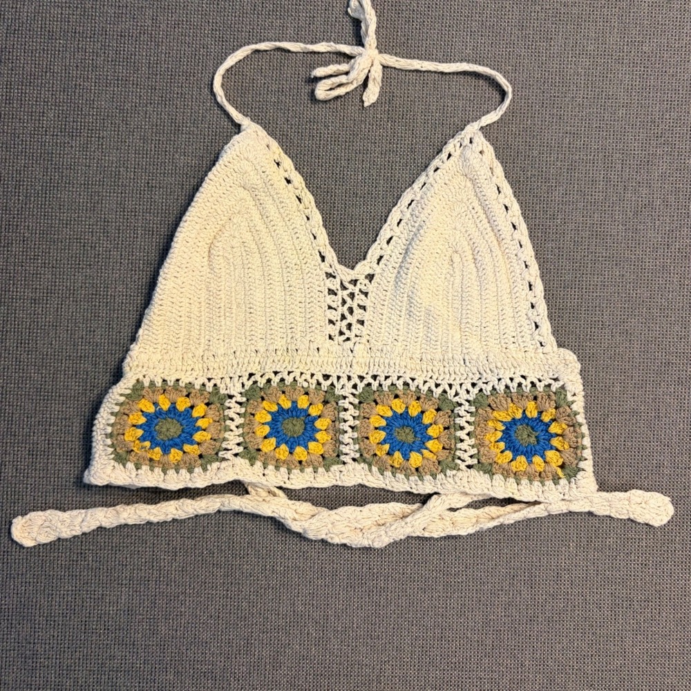 Lakhays Crochet Halter Top Boho Granny Square Festival Hippie Earthy Artsy M/L